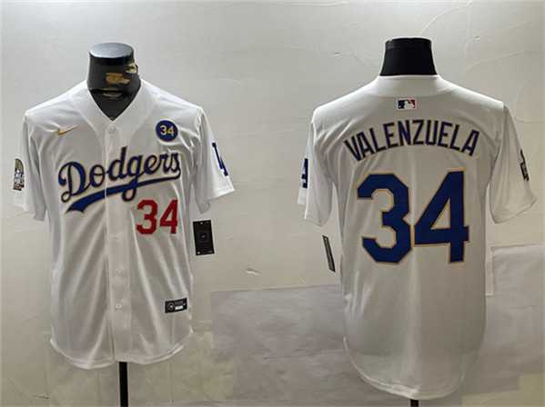 Mens Los Angeles Dodgers #34 Toro Valenzuela White Gold 2024 World Series With No. 34 Patch Home Limited Stitched Jersey